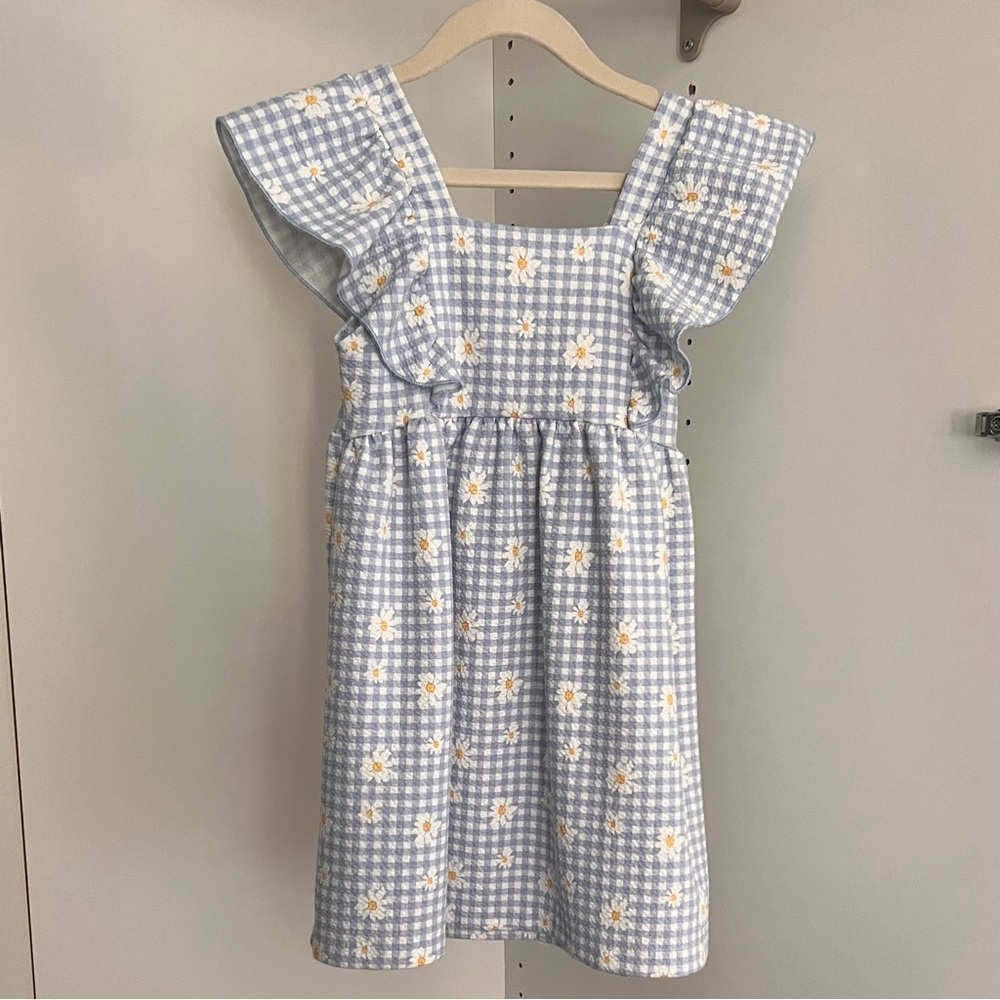 Zara Blue and White Checkered Kids Dress with Floral Design